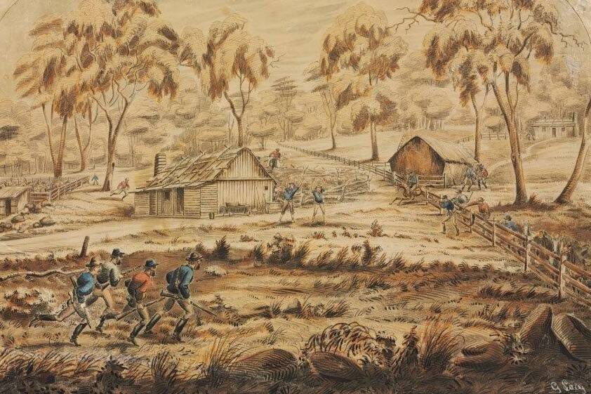 <i>The Capture of the Clarkes</i>, watercolour by George Lacy. Photo: State Library NSW