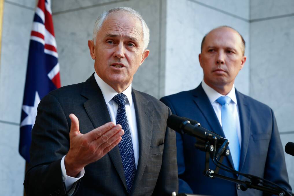 Maximising the political impact: Malcolm Turnbull and Peter Dutton. Photo: Alex Ellinghausen