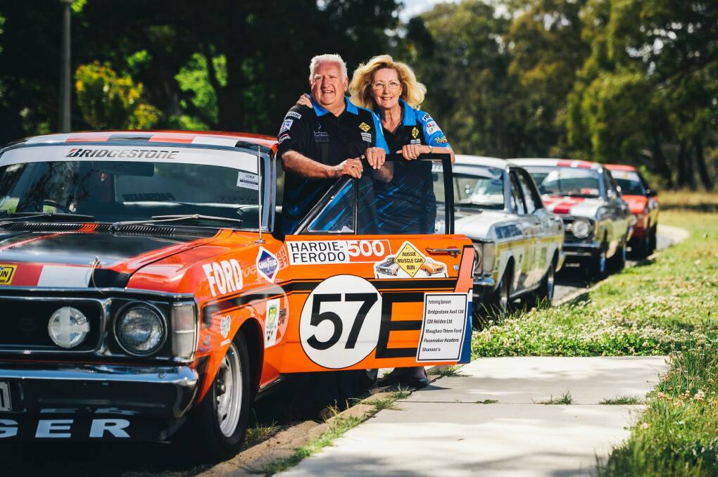 Kevin May and Kathleen Mincham with their Ford GT replica in Canberra for the Aussie Muscle Car Run, raising money for the Leukaemia Foundation. Photo: Rohan Thomson