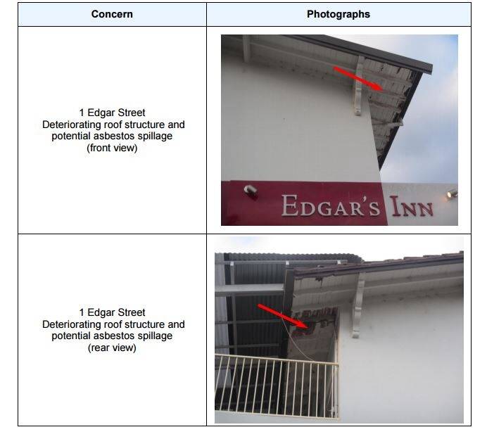 The deteriorating eaves at 1 Edgar Street, which assessors say present a risk of asbestos "spillage" to the street and park below in severe weather. The entire roof space of the corner building contains the loose-fill asbestos. Photo: ACT government