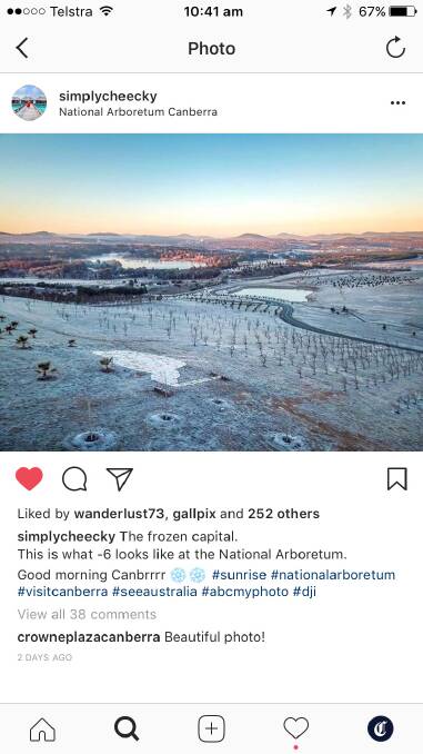 Erna Glassford snapped this photo of the National Arboretum when the temperature dropped to minus 6 during the week. Photo: @simplycheecky/Instagram