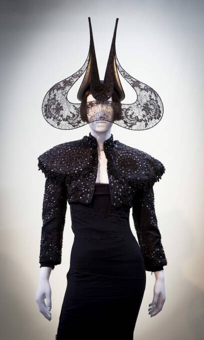 Lace Wings Hat by Philip Treacy, 2001, jacket by Alexander McQueen 2002, dress by Alexander McQueen, 2003 on display at the Isabella Blow: A Fashionable Life exhibition. Photo: Marinco Kojdanovski
