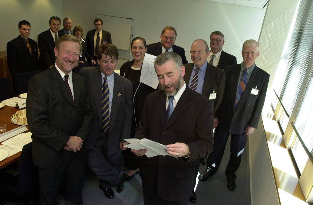  Opposition Leader Gary Humphries with Liberal MLAs Steve Pratt, Brendan Smyth, Helen Cross and Bill Stefaniak in 2002. Photo: Richard Briggs