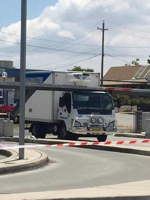 A truck has crashed into a beam while trying to enter a Westfield Belconnen car park. Photo: Supplied