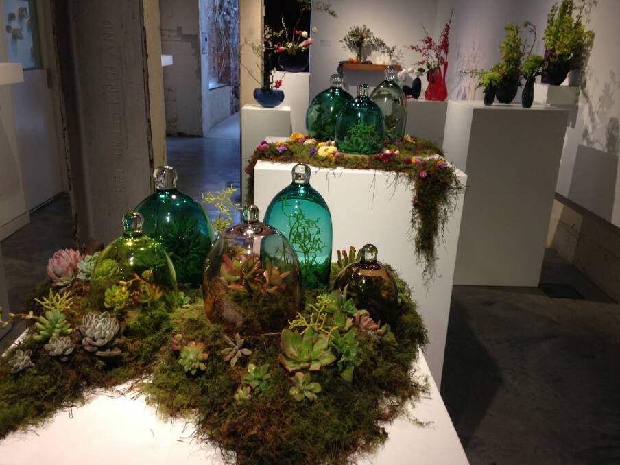 Glass vessels by Amanda Dziedzic and botanical arrangements by Amalie Shawcross, part of the Fresh Glass show at Canberra Glassworks.