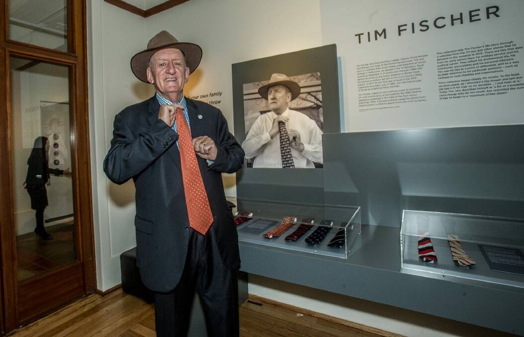 Tim Fischer and some of his tie collection.  Photo: Karleen Minney
