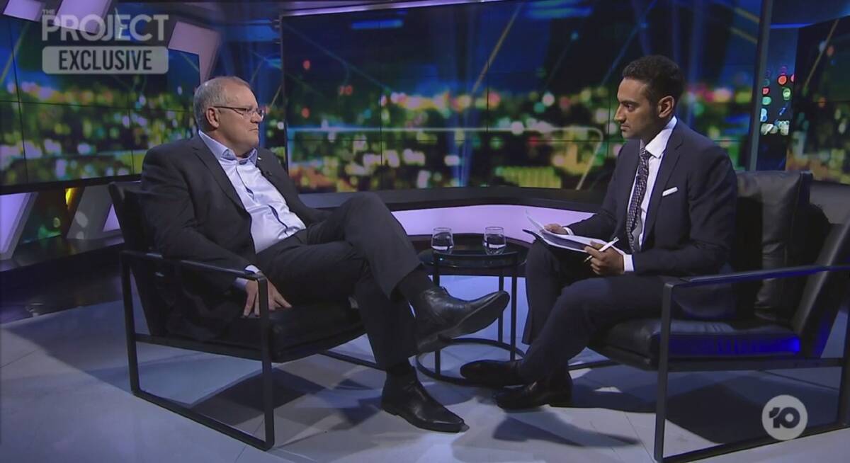 Scott Morrison defends his multicultural credentials to Waleed Aly during a tense interview on <i>The Project</i>. Photo: Network 10