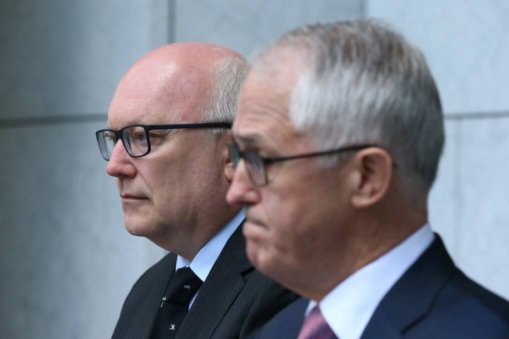 Attorney-General Senator George Brandis, pictured with Mr Turnbull on Tuesday, is among those suggested to be in line for a shift. Photo: Andrew Meares