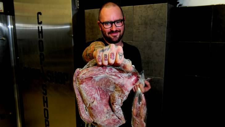 Jordo McHugh,29 at Jordo's chop-shop, Wanniassa. The shop sells unusual meats. Photo: Melissa Adams