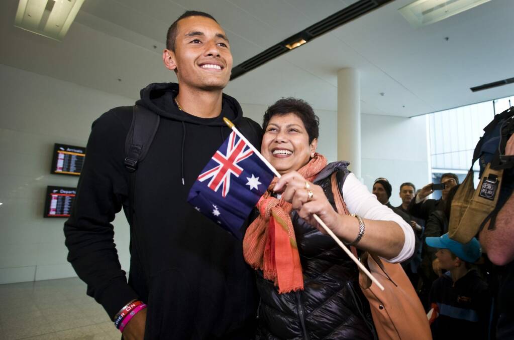 Nick Kyrgios with his mother Nill at Canberra Airport. Photo: Elesa Kurtz
