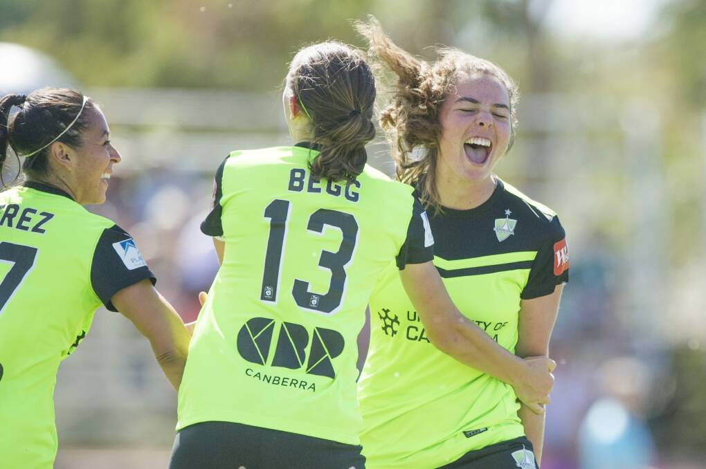 Jenna McCormick celebrates her first ever W-League goal, which came against her former side in Canberra's 4-0 thrashing of Adelaide. Photo: Jay Cronan