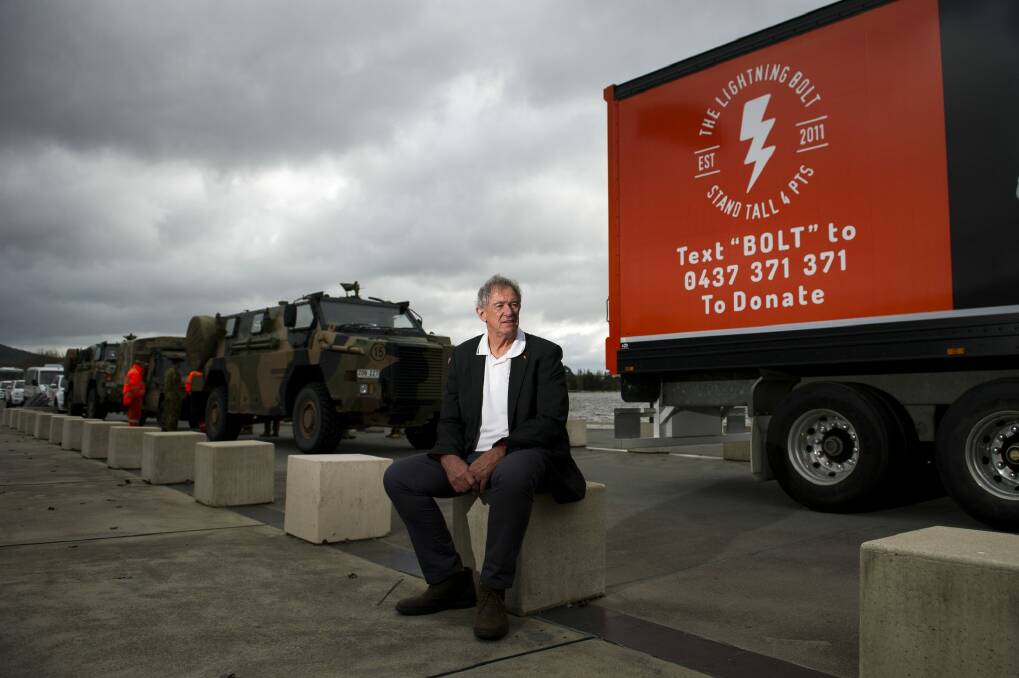 Vietnam War veteran and former Australian cricketer Tony Dell with the convoy on Tuesday. Photo: Jay Cronan