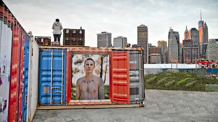 One of Canberra photographer Lee Grant's Belco Pride images displayed against the New York skyline. Photo: Jason Florio