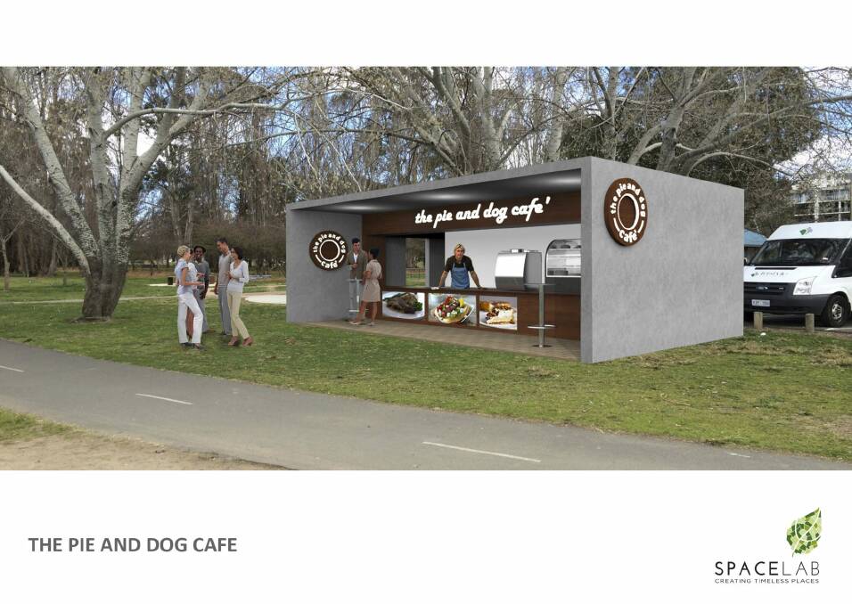 A concept drawing by Spacelab of the Pie and Dog Cafe that John Gerakiteys wants to build at Bowen Park. Photo: Spacelab