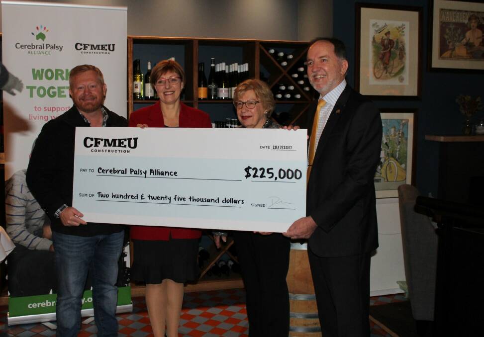 CFMEU ACT branch secretary Dean Hall, Disability Minister Rachel Stephen-Smith, Cerebral Palsy Alliance patron Margaret Reid and Cerebral Palsy Alliance general manager Frank Sedmak on Friday  at the announcement of the sponsorship deal. Photo: supplied