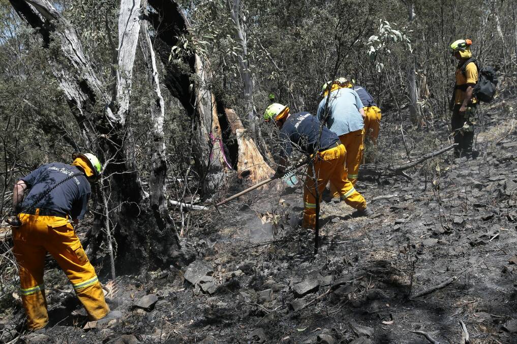 ACT Rural Fire Service and ACT Parks & Wildlife firefighters prepare a fire break at Mount Clear with hand tools on Sunday. Photo: Jeffrey Chan