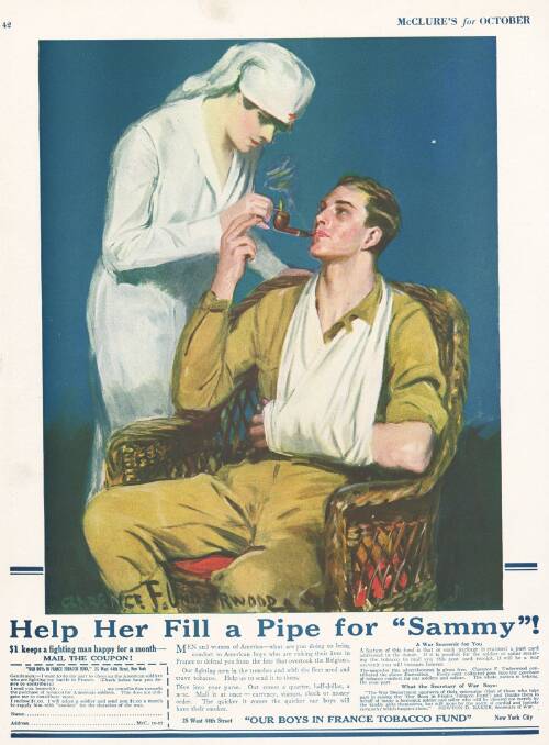 Help her fill a pipe: World War I tobacco fund plea.