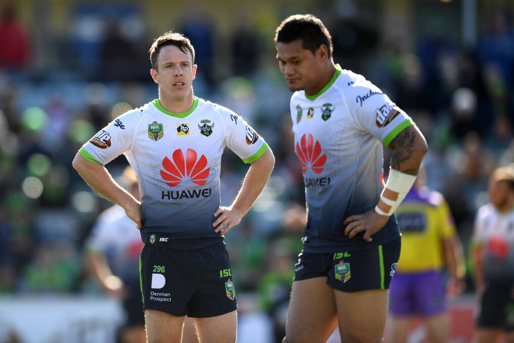 Sam Williams and Joey Leilua show their disappointment in Sunday's loss to the Tigers. Photo: AAP