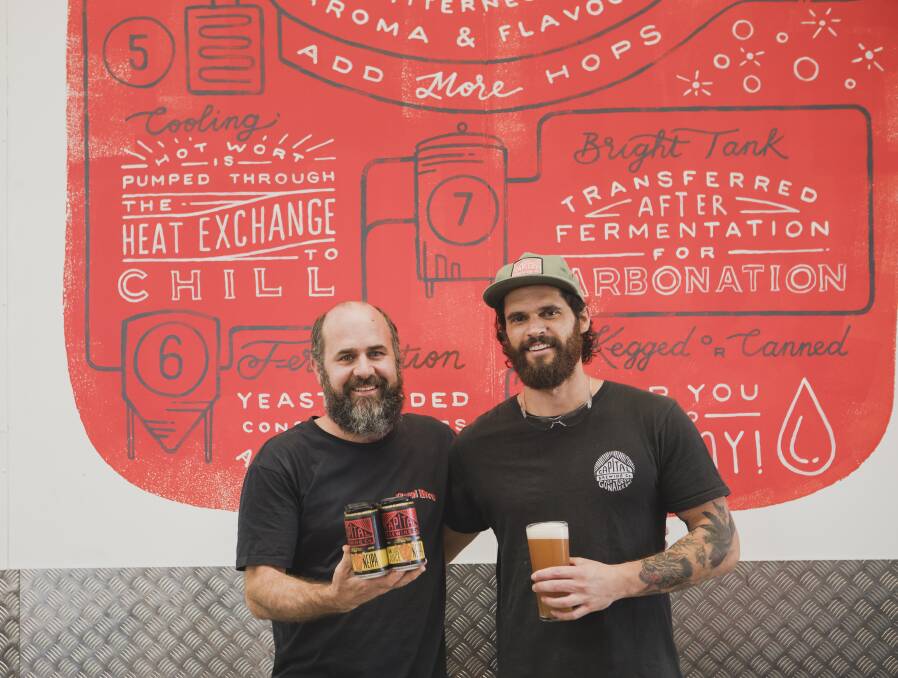 Partnerships manager Dan Watters and brewer Matthew Thiele, with Capital Brewing Co's new beer Hang Loose Juice. Photo: Jamila Toderas