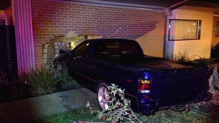 Drink drive warning... a 20-year-old man crashed his ute into a house in Harrison on Saturday. Photo: Supplied by ACT Policing.