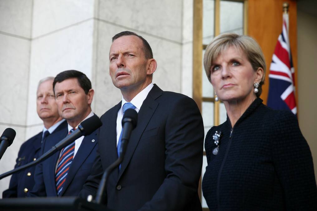 Chief of the Defence Force Air Chief Marshal Mark Binskin, Defence Minister Kevin Andrews, Prime Minister Tony Abbott and Foreign Affairs Minister Julie Bishop announce Australia will accept 12,000 Syrian refugees Photo: Alex Ellinghausen