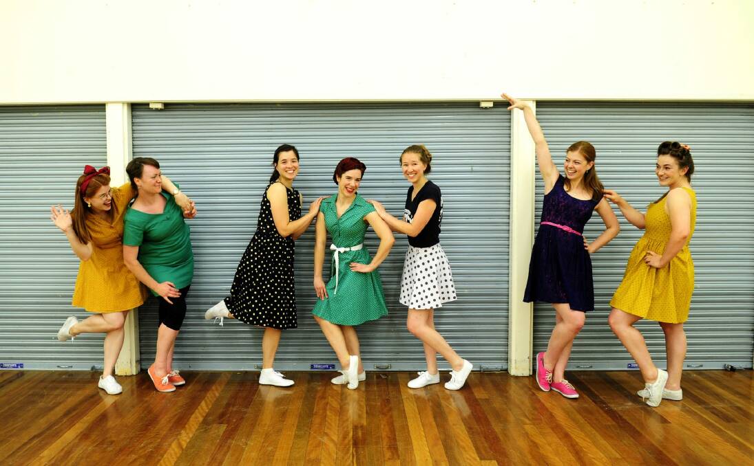 Canberra Swing Katz, from left, Casey Crockford of Lyneham, Phee Mackay of Amaroo, Katherine Gregory of Ainslie, Pip Reville of Nicholls, Chayla Ueckert-Smith of Downer, Erin Brennan of Stirling and Molly Campbell of Turner during rehearsal. Photo: Melissa Adams
