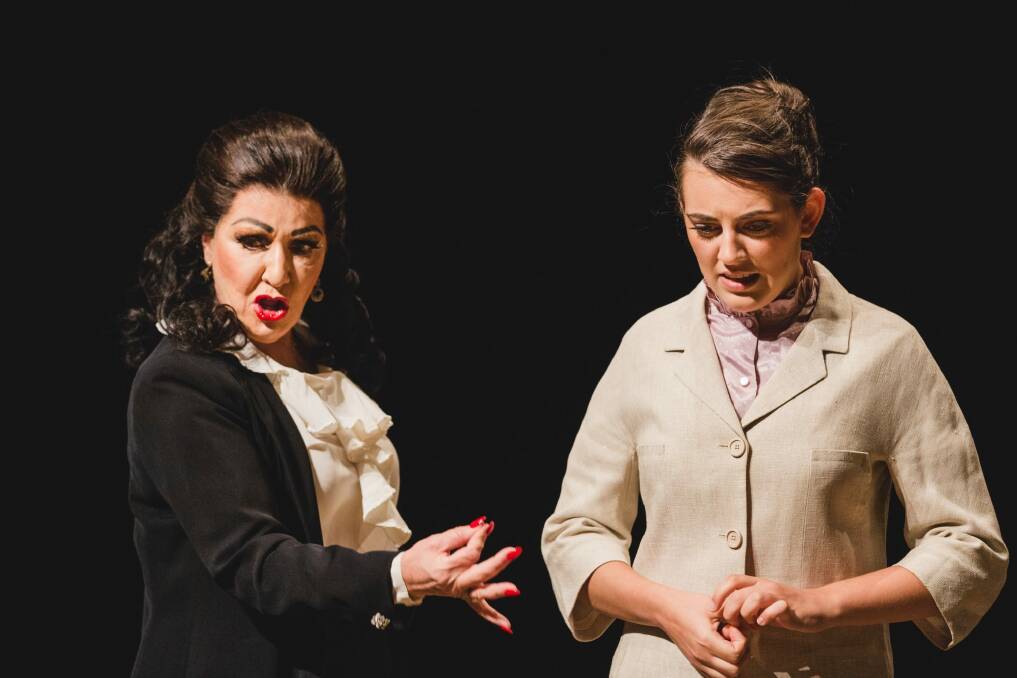 <i>Masterclass</i> by Terrence McNally at Canberra Theatre. Amanda Muggleton as Maria Callas (left), and Kala Gare as Sophie De Palma.  Photo: Jamila Toderas