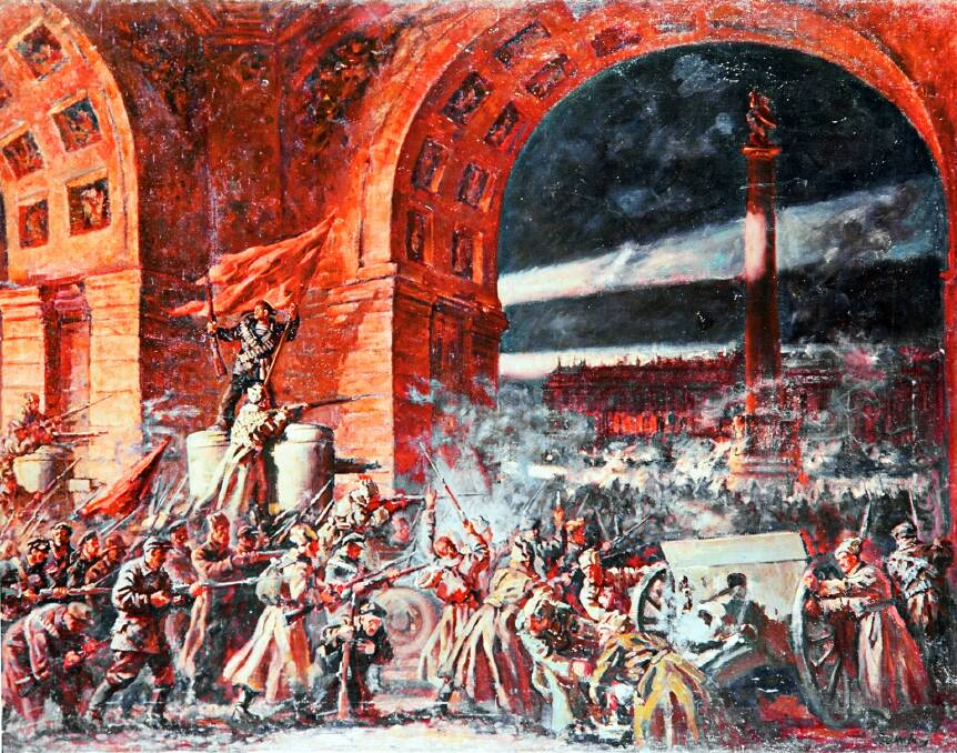 A painting depicts Bolshevik guards storming the Winter Palace in Petrograd in October 1917.
