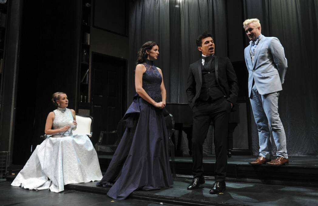 At the Playhouse in shake & stir's production of "Wuthering Heights" from left, cast members Nelle Lee (plays Isabella Linton)  Gemma Willing (plays Catherine Earnshaw) Ross Balbuziente (plays Heathcliff) and Tim Dashwood (plays Edgar Linton).
 Photo: Graham Tidy