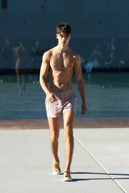 A model walks the runway  - the deck of the Andrew Boy Charleton Pool - at the Katama by Garrett Neff show. Photo: Brendon Thorne