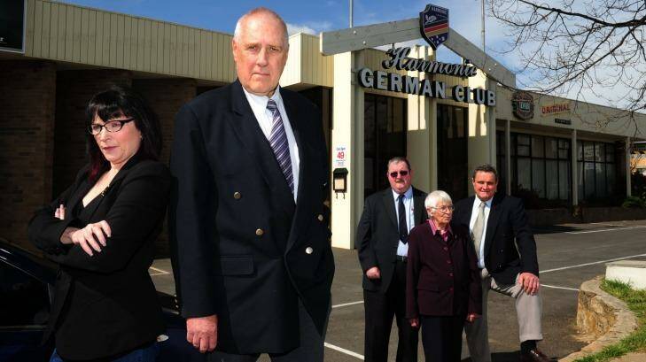Harmonie German Club management committee members from left, Joy Altmann, Tony Millar, Andrew Geraghty, Annie Bodenschatz and Frederick Mack outside the Harmonie German Club in Narrabundah. Millar resigned during a hostile meeting on Tuesday night. Photo: Melissa Adams