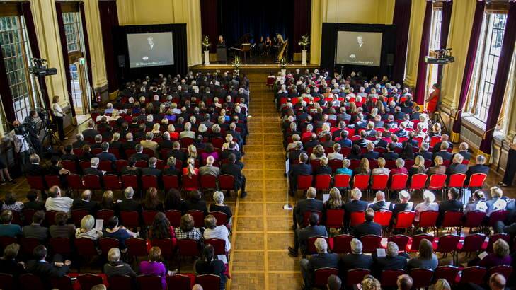 Mourners pack the memorial service for Dr. Chris Peters at the Albert Hall. Photo: Rohan Thomson