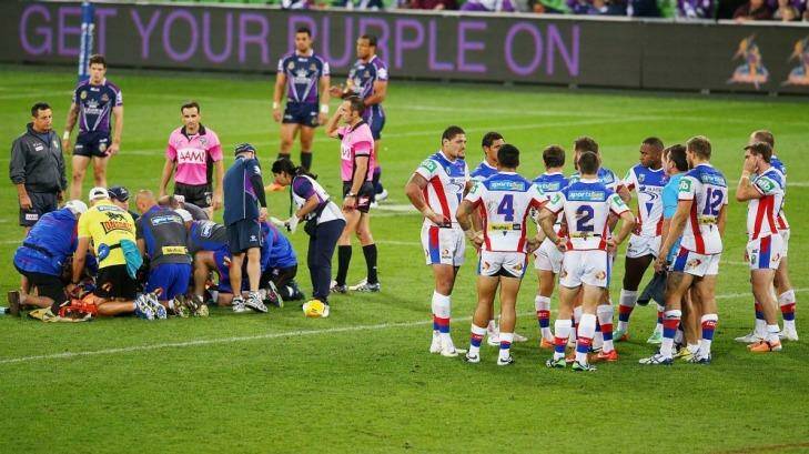 Newcastle Knights players in a huddle after Alex McKinnon's devastating injury. Photo: Getty Images