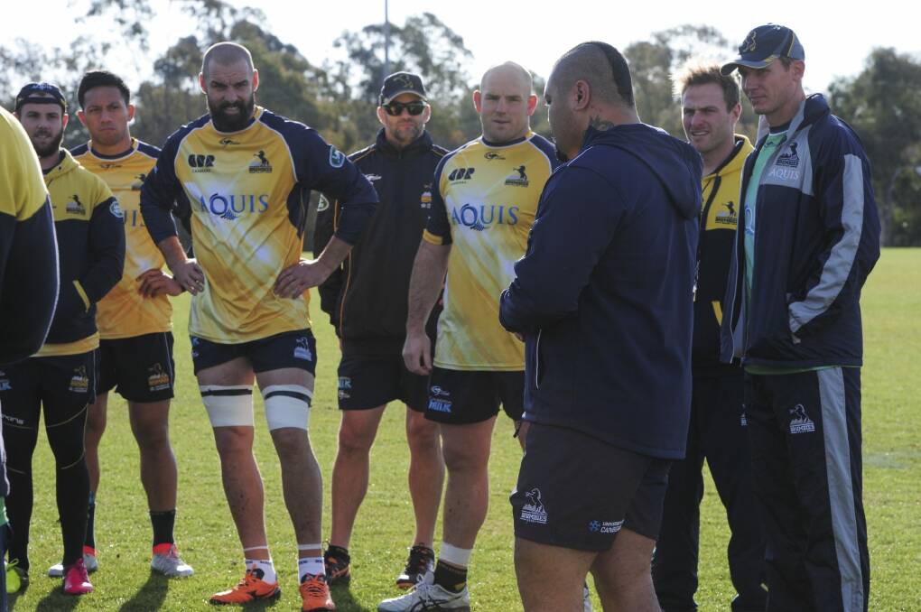 Albert Anae tells Brumbies players he's leaving Canberra to move to Japan. Photo: Graham Tidy