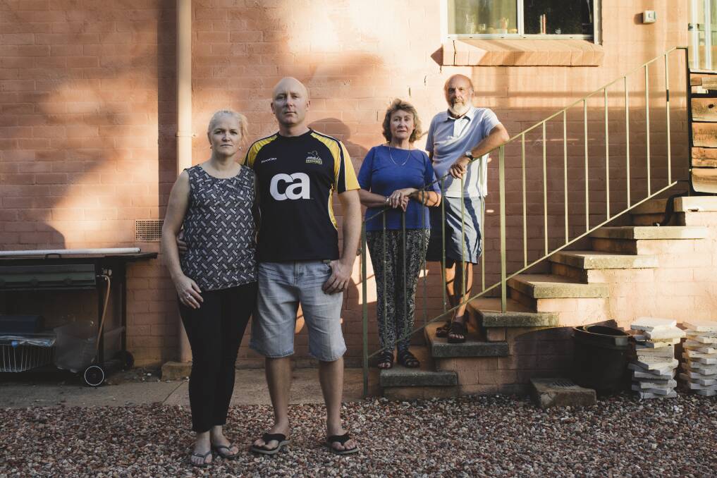 The Dunnet family have been stung heavily by the rates rises. They shared their story with Canberra in April. 
Front, Kim and Tim Dunnet, (behind) and Tim's parents Carol and Peter. Photo: Jamila Toderas