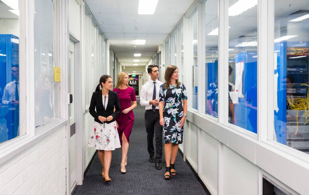 Nine's new Canberra news anchor Vanessa O'Hanlon (second from left) toured the Canberra station at Watson on Thursday. Photo: Developing Agents