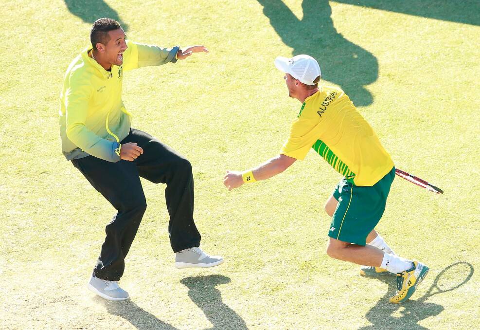 Nick Kyrgios and Lleyton Hewitt after Australia's Davis Cup win over Kazakhstan. Photo: Getty Images