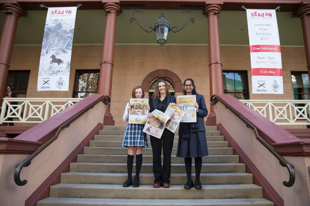 Grace Gregson, Saffron Howden and Dita Mehta campaign for Crinkling News in Sydney.  Photo: Jessica Hromas