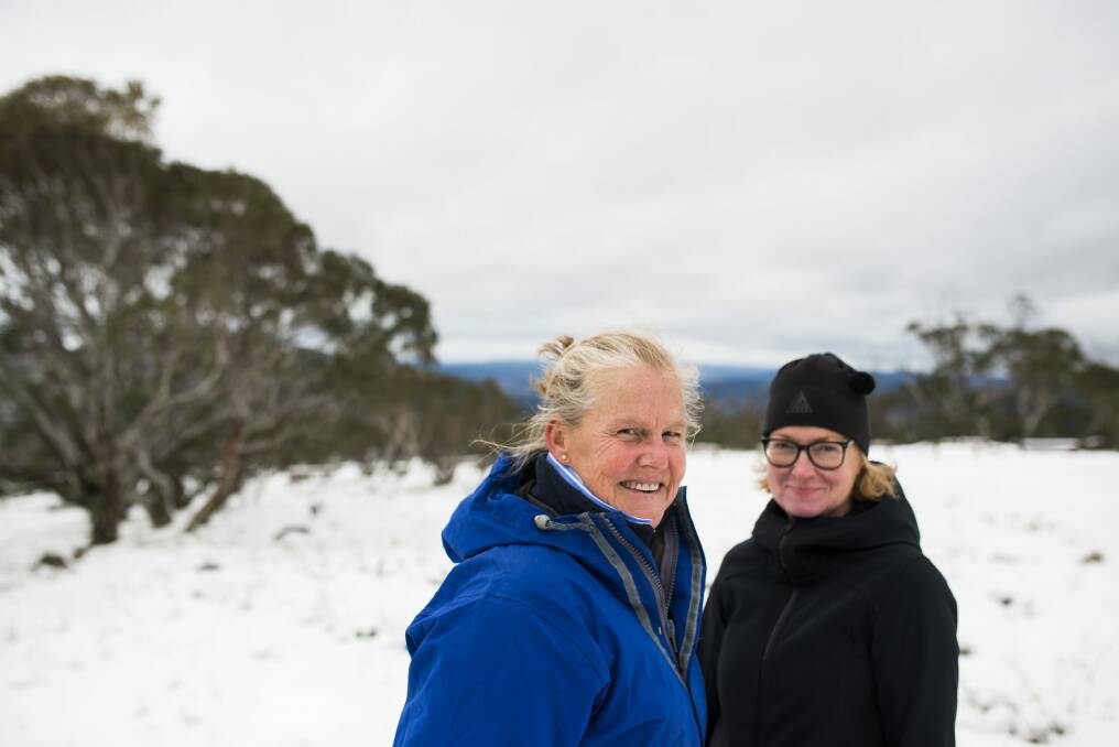 Jayne Webster and Catherine Sim from Melbourne enjoy the snow on Mt Ginini in the Brindabellas on Wednesday morning.  Photo: Rohan Thomson