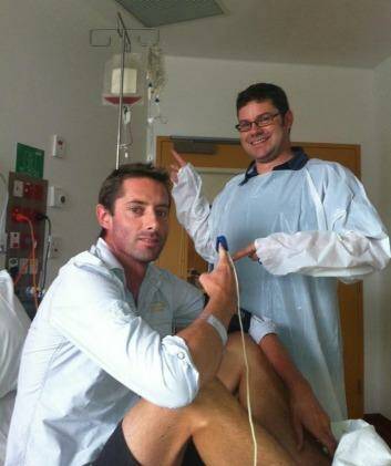 ACT 7.30 presenter Chris Kimball (left) with his brother Sean Kimball ahead of his bone marrow transplant. Chris has been given the all clear from cancer.