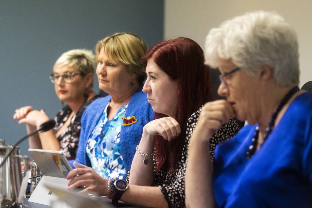 Bec Cody, Nicole Lawder, Tara Cheyne and Vicki Dunne at the hearings into government's  land swap with the Dickson Tradies. Photo: Dion Georgopoulos