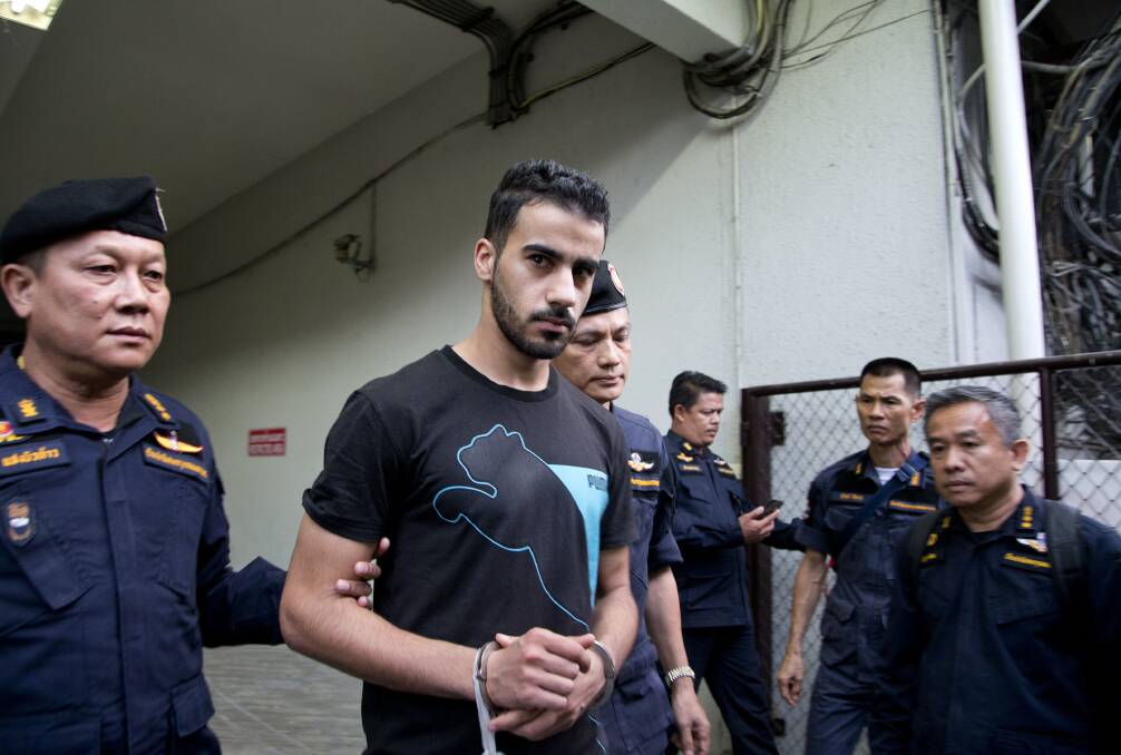 Thai prison guards lead Bahraini football player Hakeem al-Araibi from a courthouse in Bangkok. Photo: AP