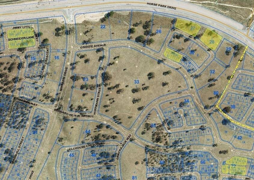 Map of sites for 120 public housing dwellings in the new suburb of Moncrieff, north Gungahlin. Photo: Supplied
