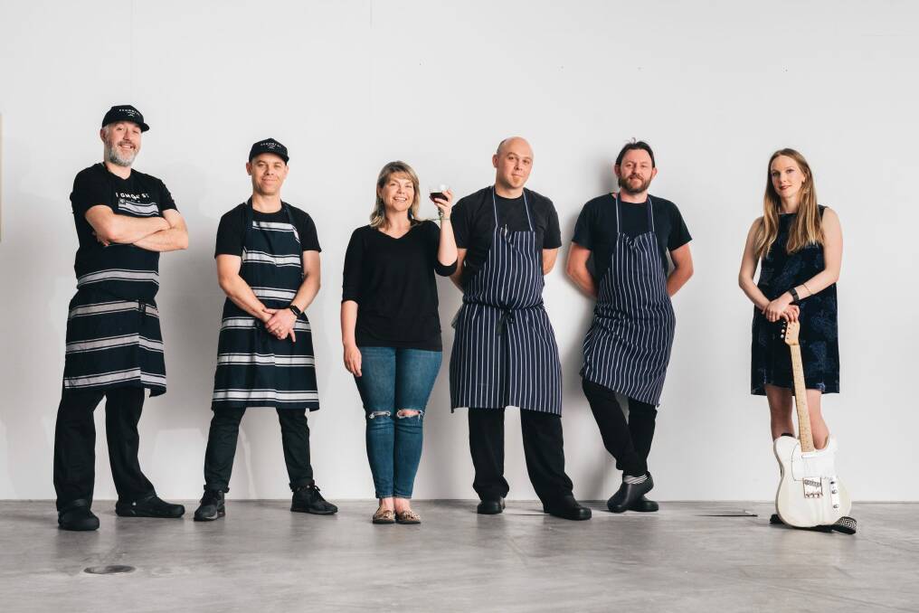 Rob Essenburg and Simon Pepping from Egmont Street Eatery, Sarah McDougall from Summerhill Road Vineyard, Sean McConnell and Dan Flatt from Monster kitchen and bar and NZ singer Eva Prowse will all be taking part in the Capital Collab at New Acton. Photo: Rohan Thomson