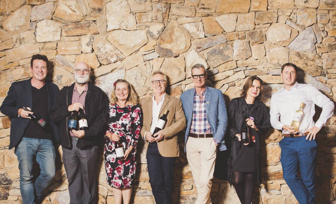 Andrew McFadzean, Andrew McEwin, Carla Rodeghiero, Tony Mansfield, Ross Appleton, Yasmin Van De Rhee and Bobbie Makin at the launch of Canberra Wine Week at The Boathouse. Photo: Jamila Toderas