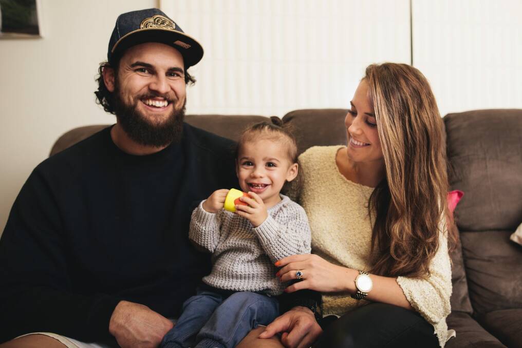 Reunited: Jordan Smiler at home with his wife Stacey and son Keanu. Photo: Rohan Thomson