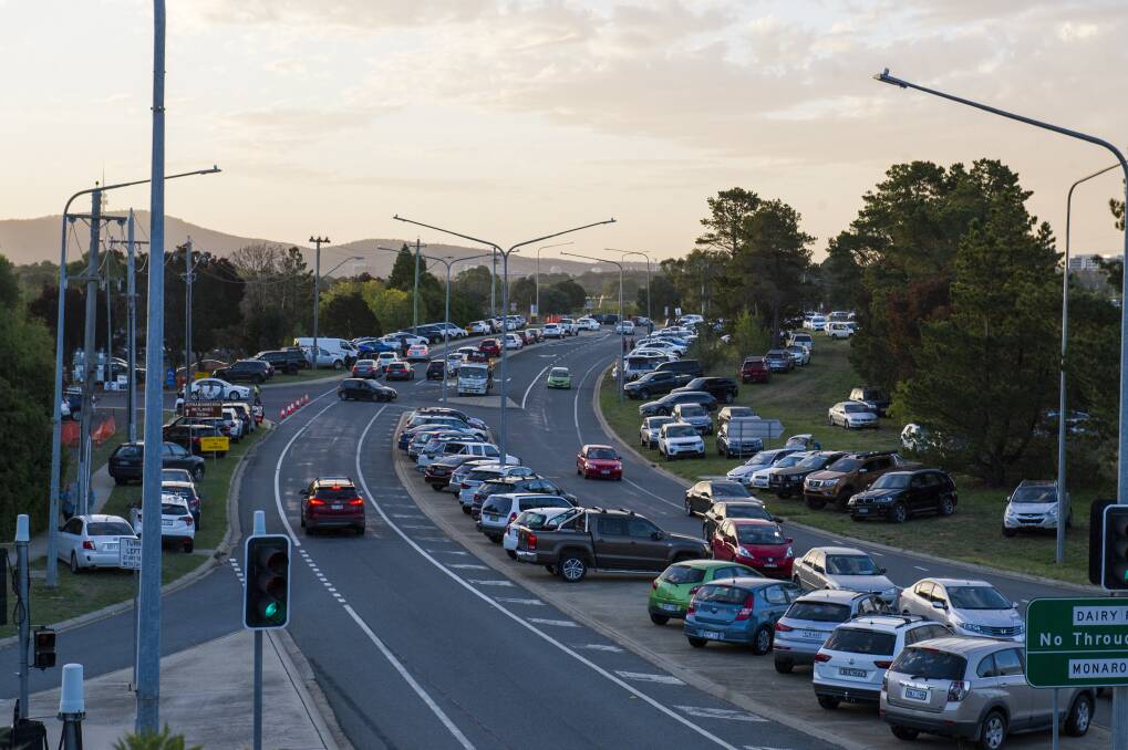 Diary Road, Fyshwick was littered with cars due to limited parking options at The Forage. Photo: Dion Georgopoulos