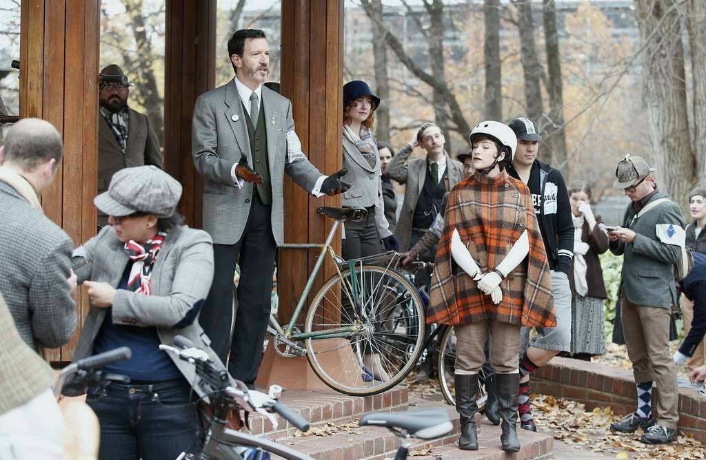 Organiser Steven Callahan, top, briefs the riders at Glebe Park before the start of the Tweed Ride. Photo: Jeffrey Chan
