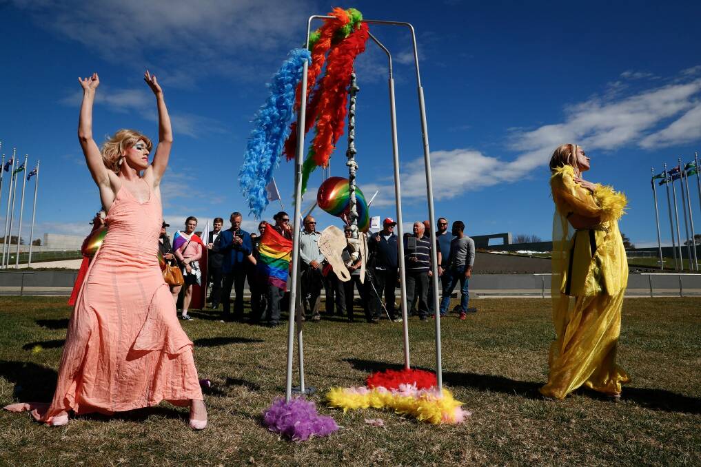 Supporters of marriage equality on the lawn of Parliament House. Photo: Alex Ellinghausen