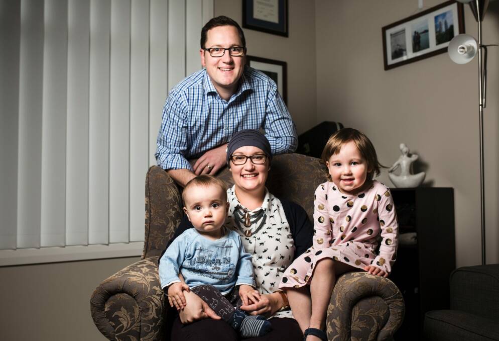 Kelly Gierke, who was diagnosed with Hodgkin lymphoma in April this year, with her husband Ben, and children David, 10 months, and Audrey, 2.  Photo: Jamila Toderas